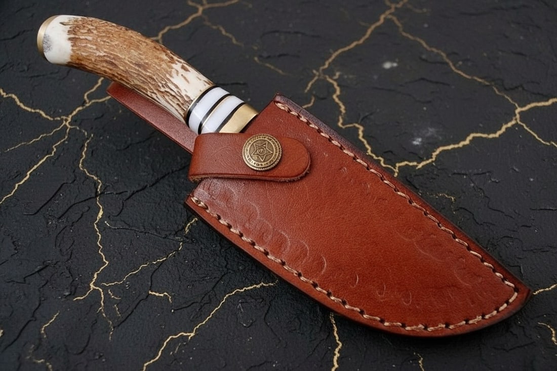 8" Hand-Forged Damascus Skinning Knife Stag Horn Handle Survival Hunting Tool - 5