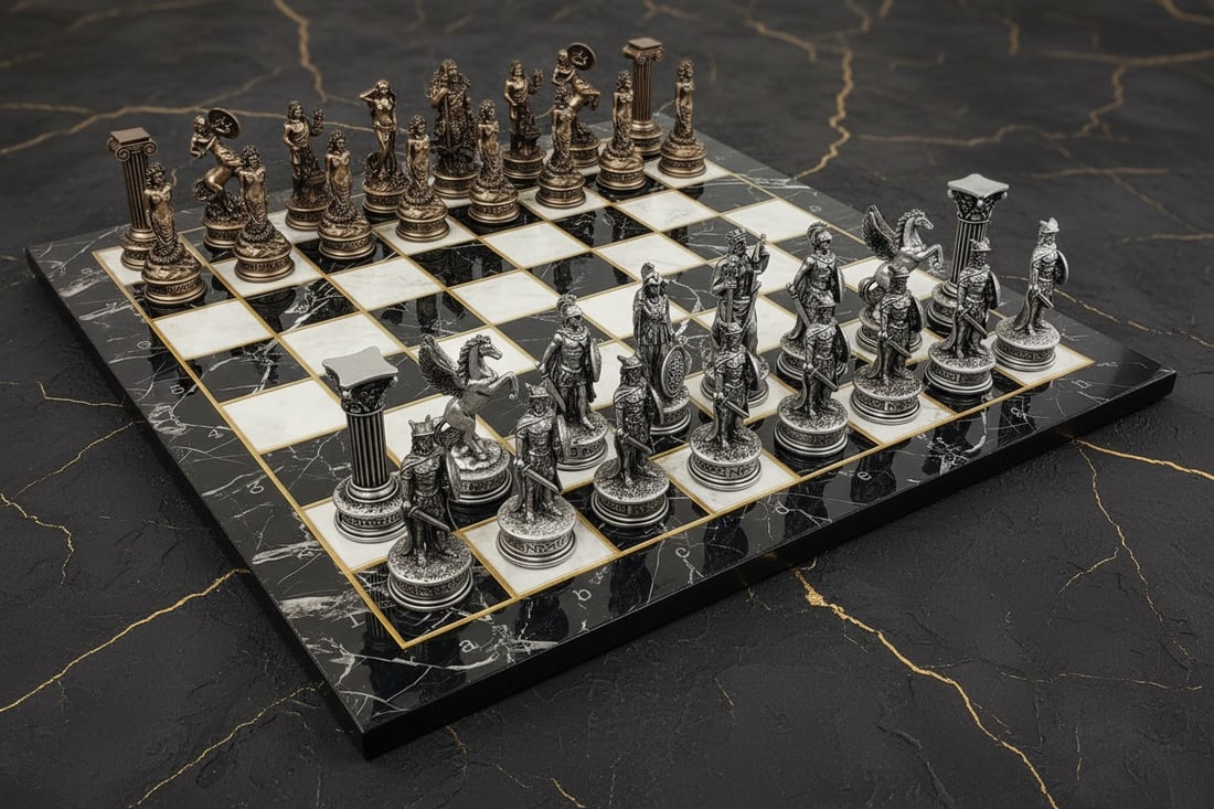Mythological Olympus God Chess Set 17" Faux Marble Board Bronze Pewter Tone (1 of 8)