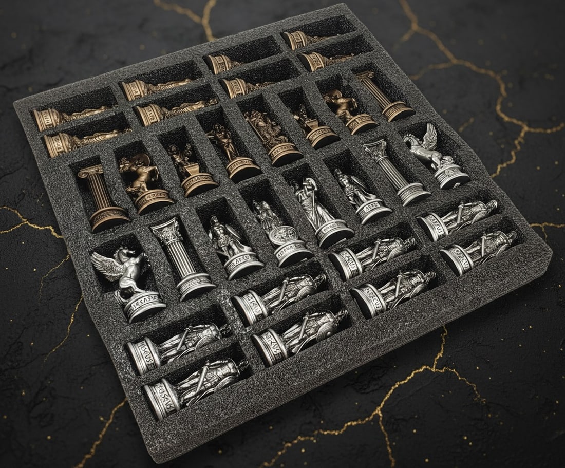 Mythological Olympus God Chess Set 17" Faux Marble Board Bronze Pewter Tone - 2