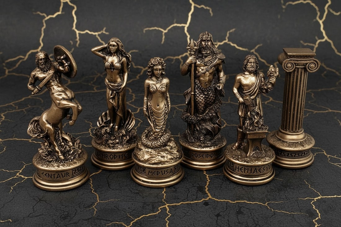 Mythological Olympus God Chess Set 17" Faux Marble Board Bronze Pewter Tone - 4