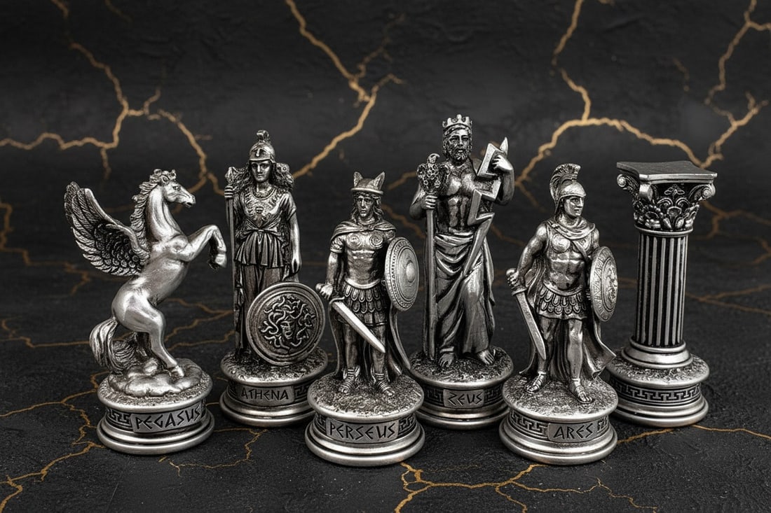 Mythological Olympus God Chess Set 17" Faux Marble Board Bronze Pewter Tone - 5