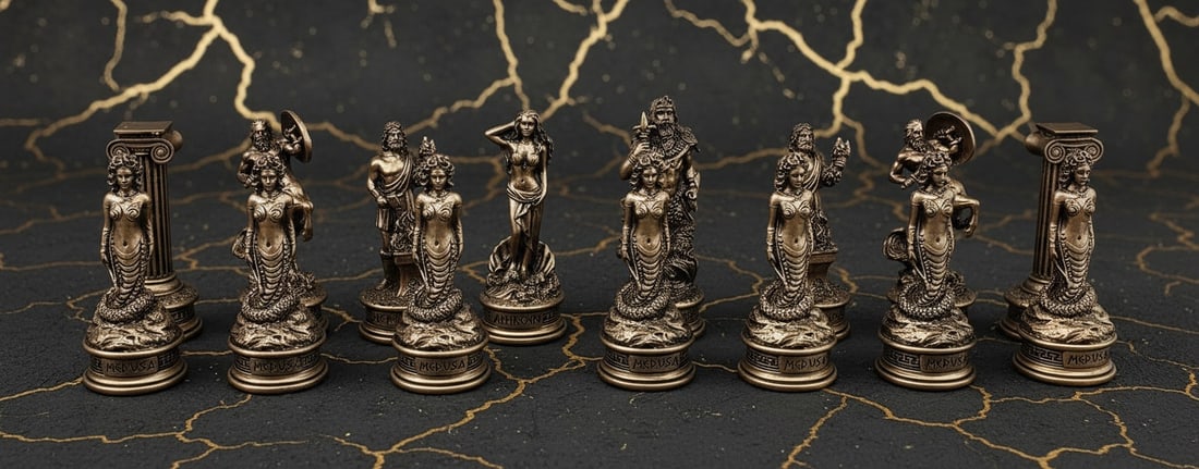 Mythological Olympus God Chess Set 17" Faux Marble Board Bronze Pewter Tone - 6