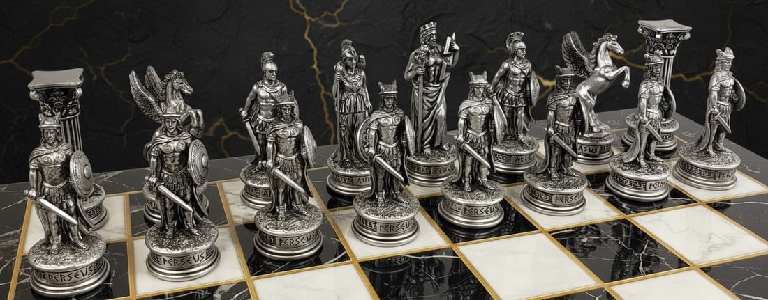 Mythological Olympus God Chess Set 17" Faux Marble Board Bronze Pewter Tone - 7