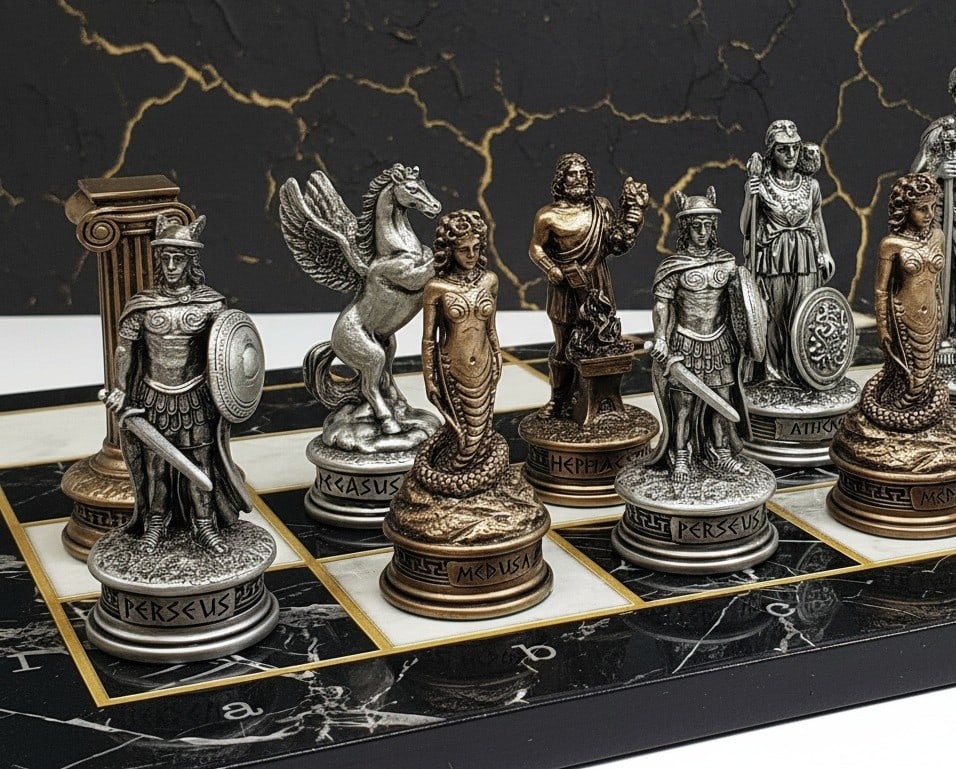 Mythological Olympus God Chess Set 17" Faux Marble Board Bronze Pewter Tone - 8