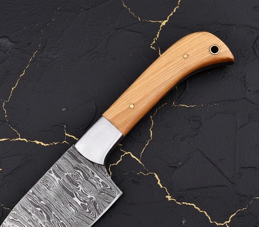 5 Pc Damascus Steel Chef Knife Set Hammered Blades Wood Handle Leather Roll - 2
