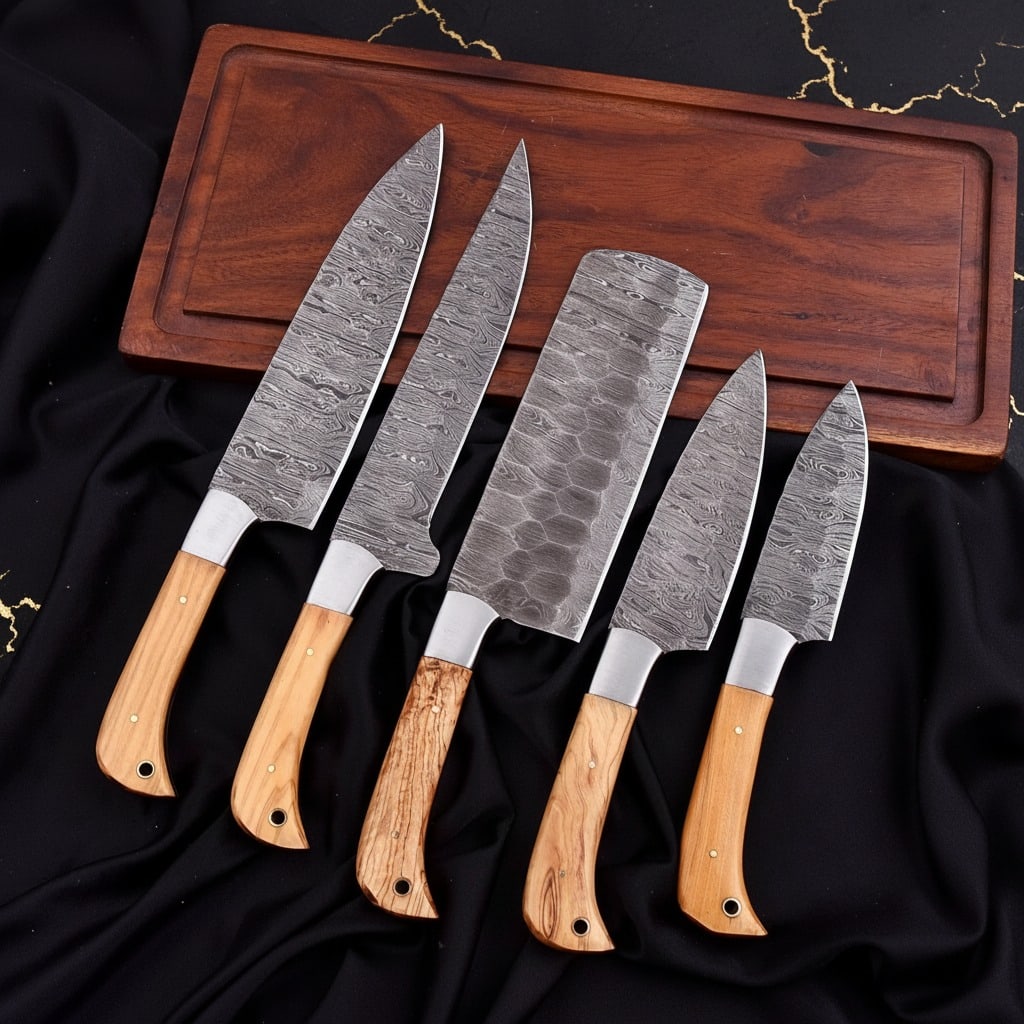 5 Pc Damascus Steel Chef Knife Set Hammered Blades Wood Handle Leather Roll - 3