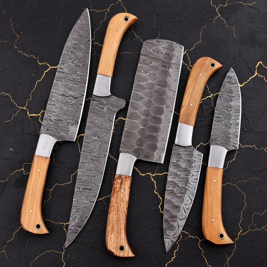 5 Pc Damascus Steel Chef Knife Set Hammered Blades Wood Handle Leather Roll - 4