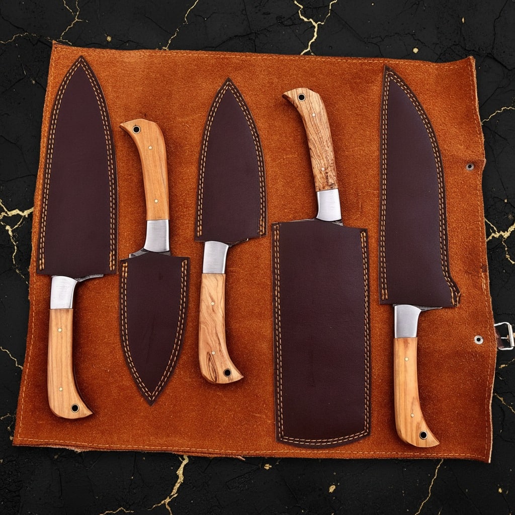 5 Pc Damascus Steel Chef Knife Set Hammered Blades Wood Handle Leather Roll - 5