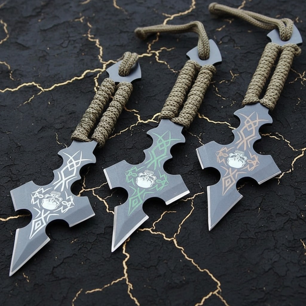 3pc Tactical Skull Throwing Knife Set 6.5" Combat Ninjutsu Kunai Blade Trio - 4