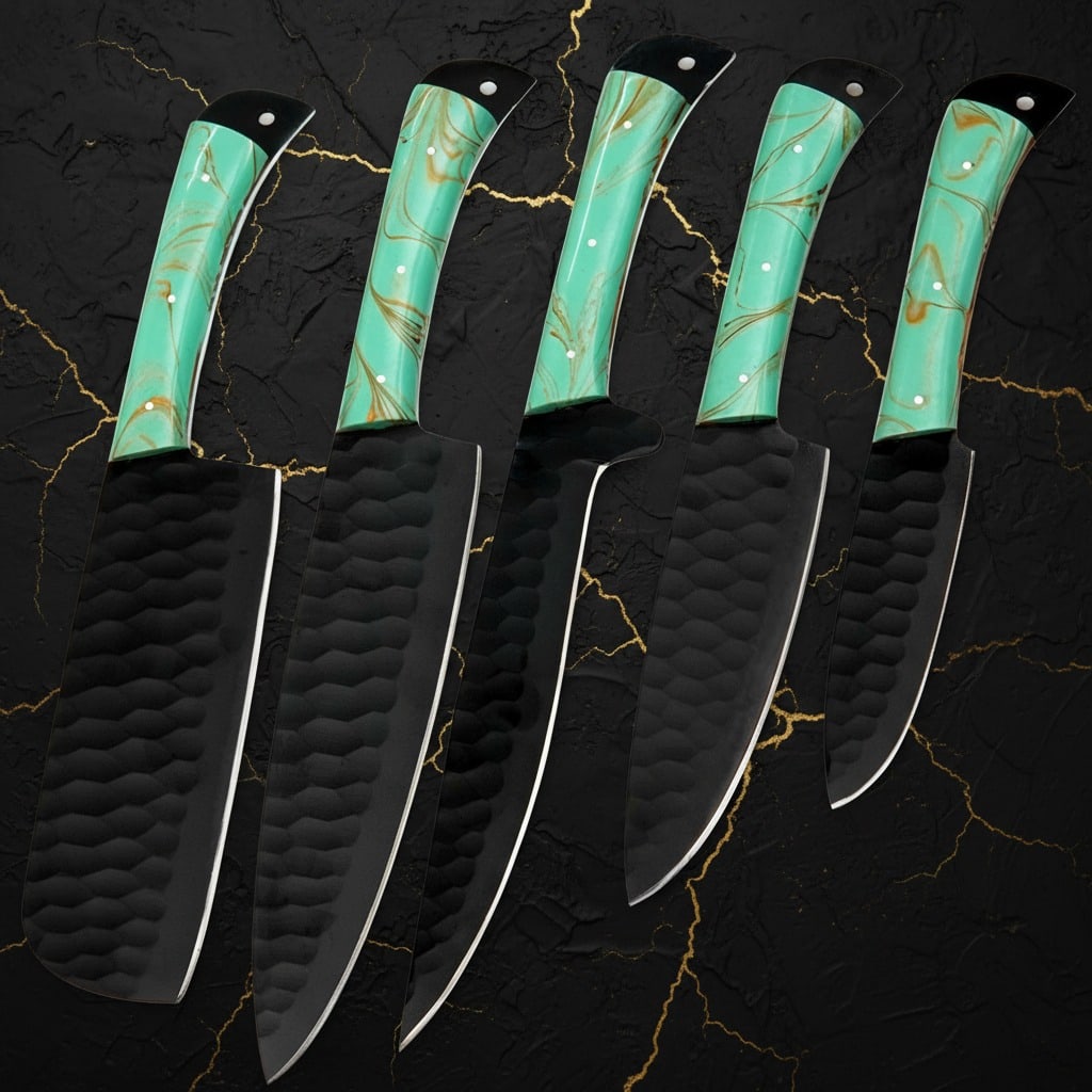 5 Pc Hand-Forged D2 Steel Chef Knife Set Hammered Finish W/ Leather Roll - 2