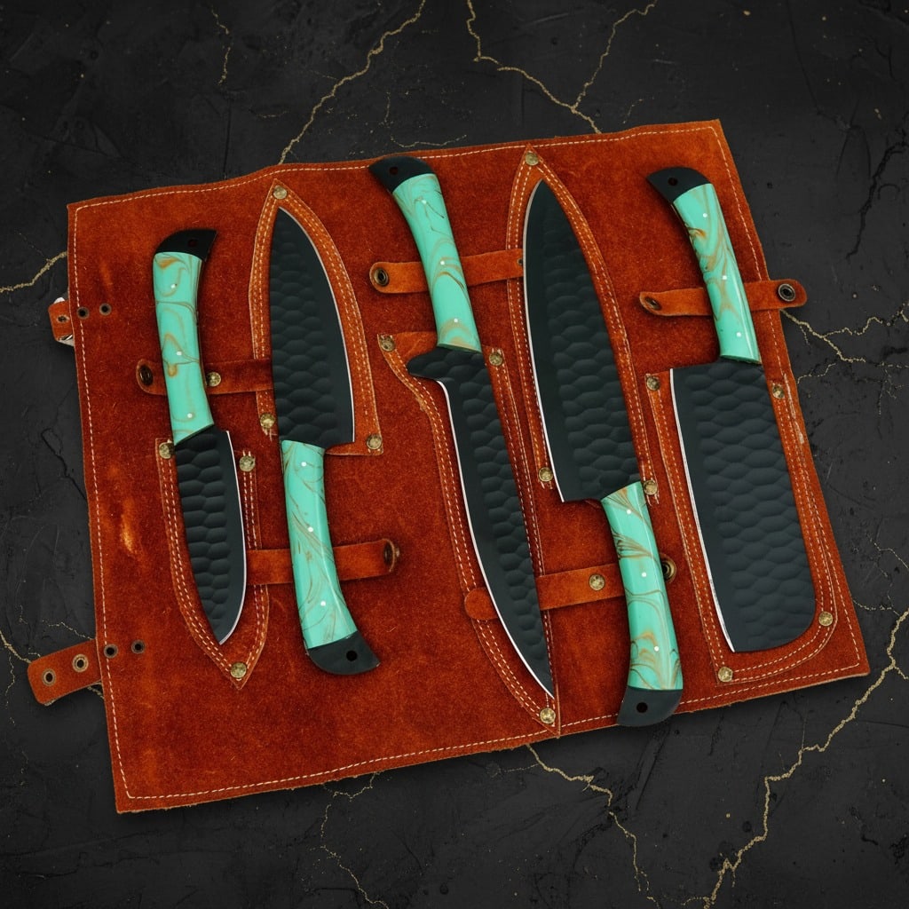 5 Pc Hand-Forged D2 Steel Chef Knife Set Hammered Finish W/ Leather Roll - 5
