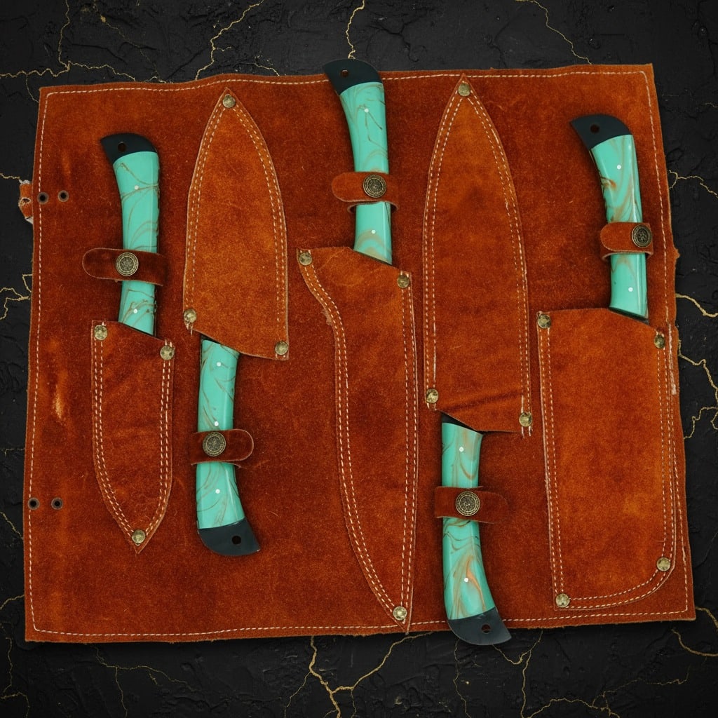 5 Pc Hand-Forged D2 Steel Chef Knife Set Hammered Finish W/ Leather Roll - 6