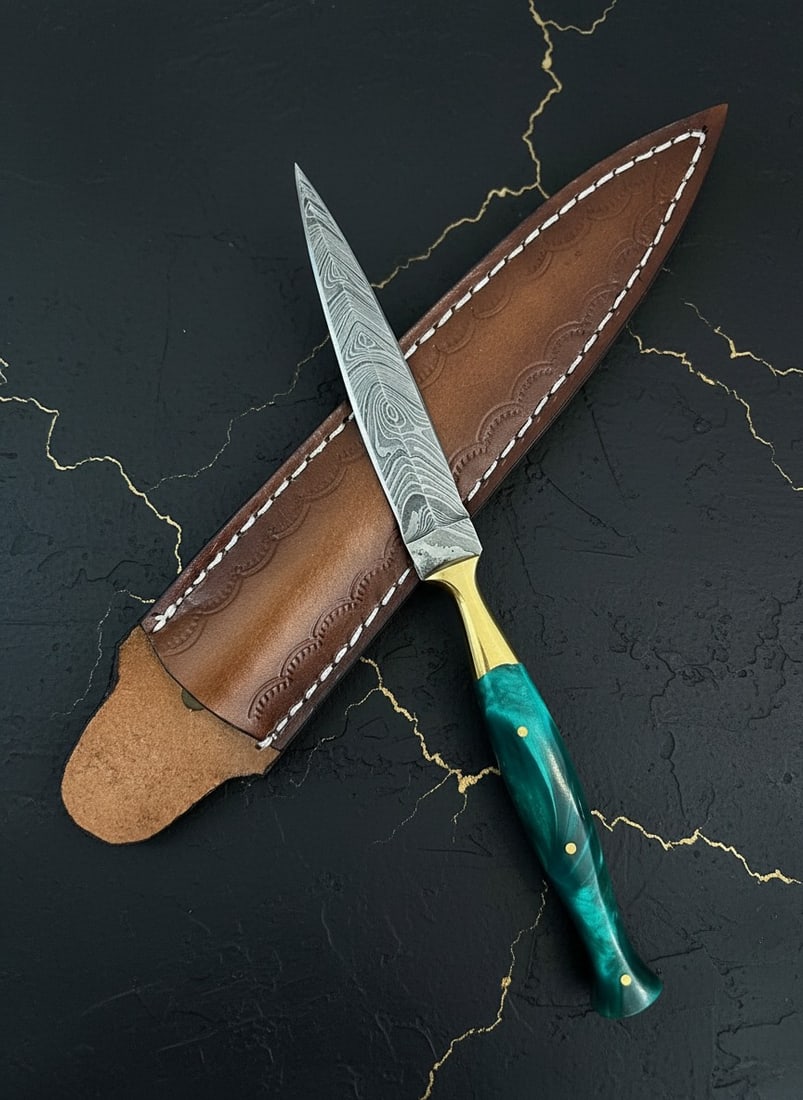 Handcrafted Damascus Steel Dagger Resin Handle Knife with Leather Sheath: Title:Handcrafted Damascus Steel Dagger Resin Handle Knife with Leather Sheath Description:This handcrafted knife features a durable construction and comes with an accompanying cowhide leather