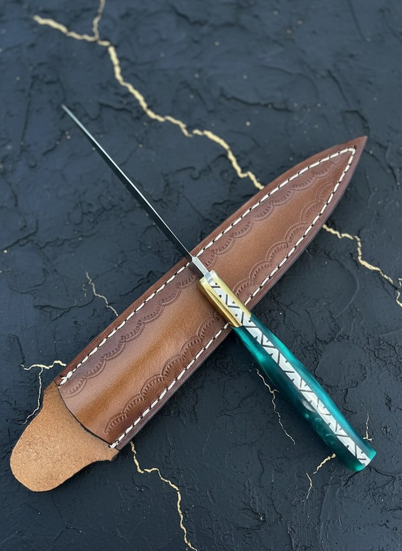 Handcrafted Damascus Steel Dagger Resin Handle Knife with Leather Sheath - 2