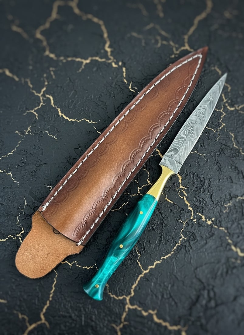 Handcrafted Damascus Steel Dagger Resin Handle Knife with Leather Sheath - 3