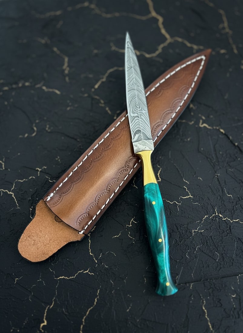 Handcrafted Damascus Steel Dagger Resin Handle Knife with Leather Sheath - 5
