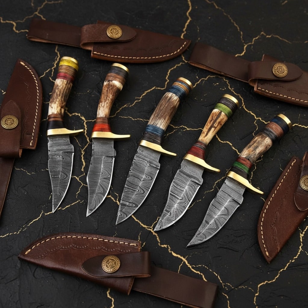 5 Damascus Steel Hunting Knife Set, Handmade Stag Antler Handle w/ Sheaths: Title:5 Damascus Steel Hunting Knife Set, Handmade Stag Antler Handle w/ Sheaths Description:This collection includes five handmade Damascus Steel hunting knives, each featuring a premium stag/antler
