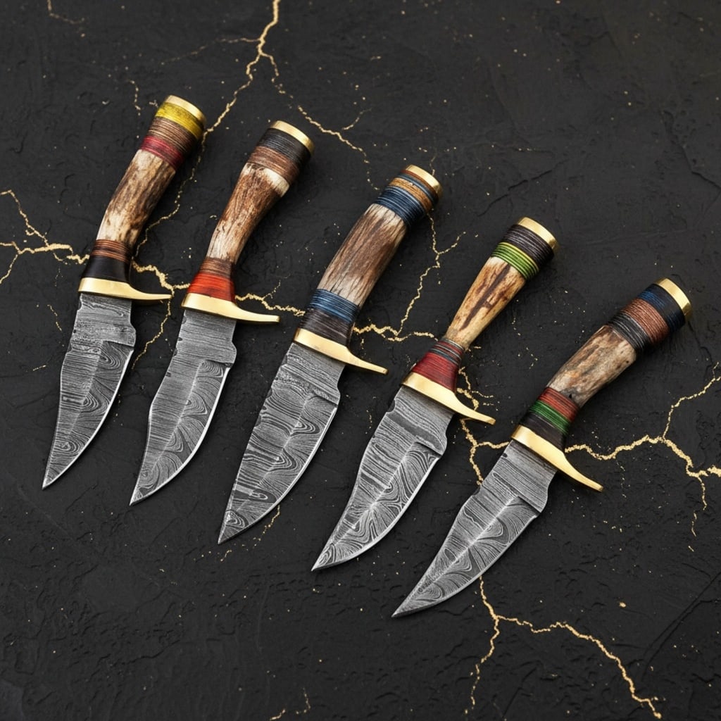 5 Damascus Steel Hunting Knife Set, Handmade Stag Antler Handle w/ Sheaths - 2