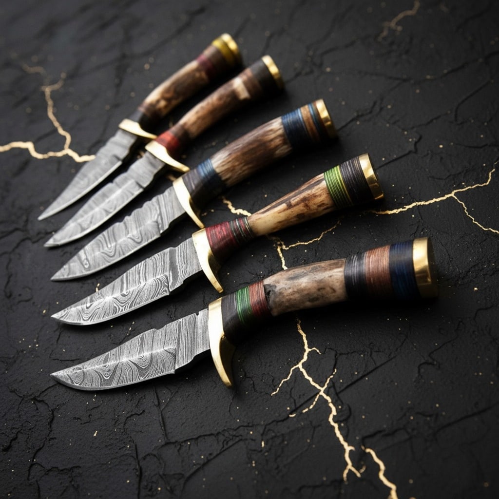 5 Damascus Steel Hunting Knife Set, Handmade Stag Antler Handle w/ Sheaths - 3