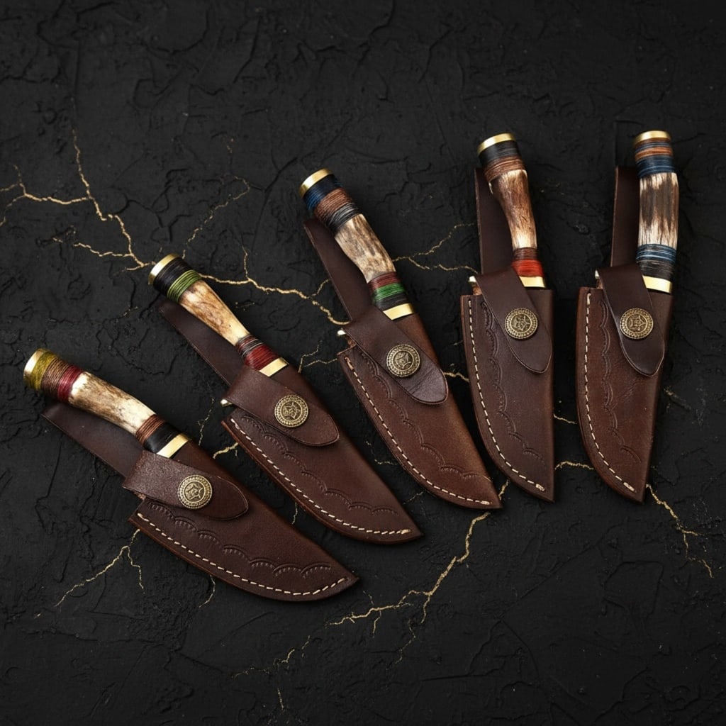 5 Damascus Steel Hunting Knife Set, Handmade Stag Antler Handle w/ Sheaths - 5
