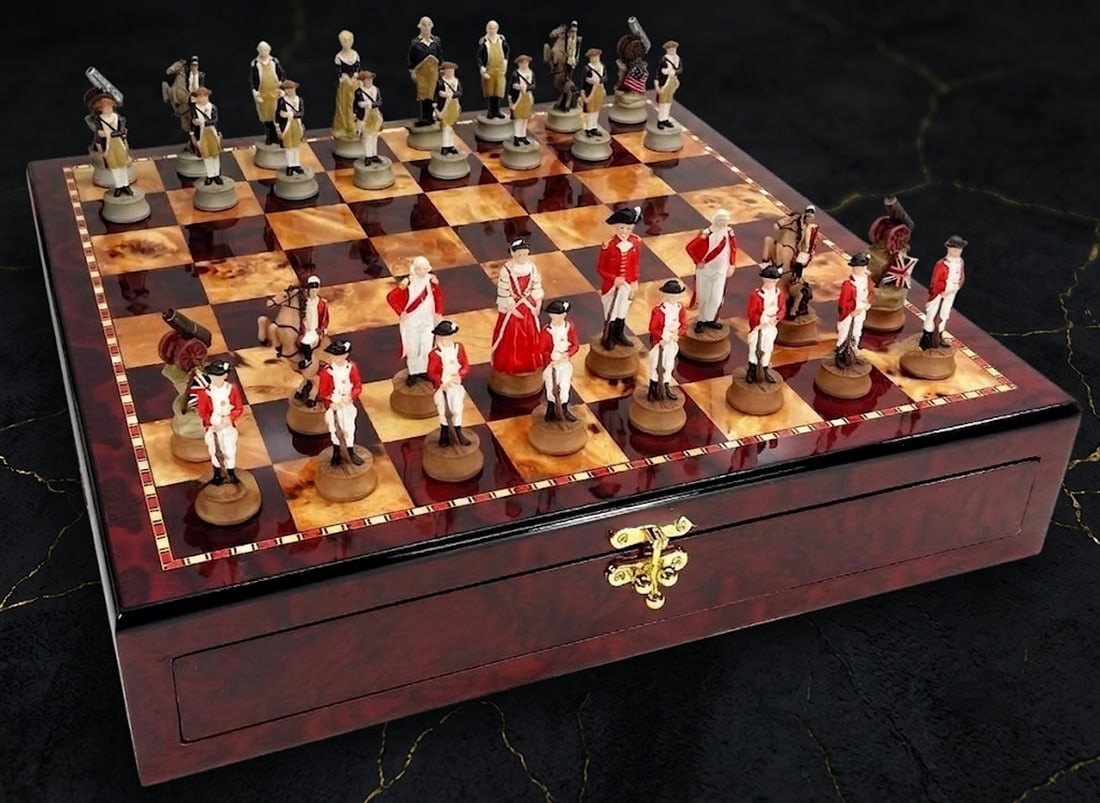 Revolutionary War Themed Chess Set Wooden Storage Board Cherry Finish (1 of 6)