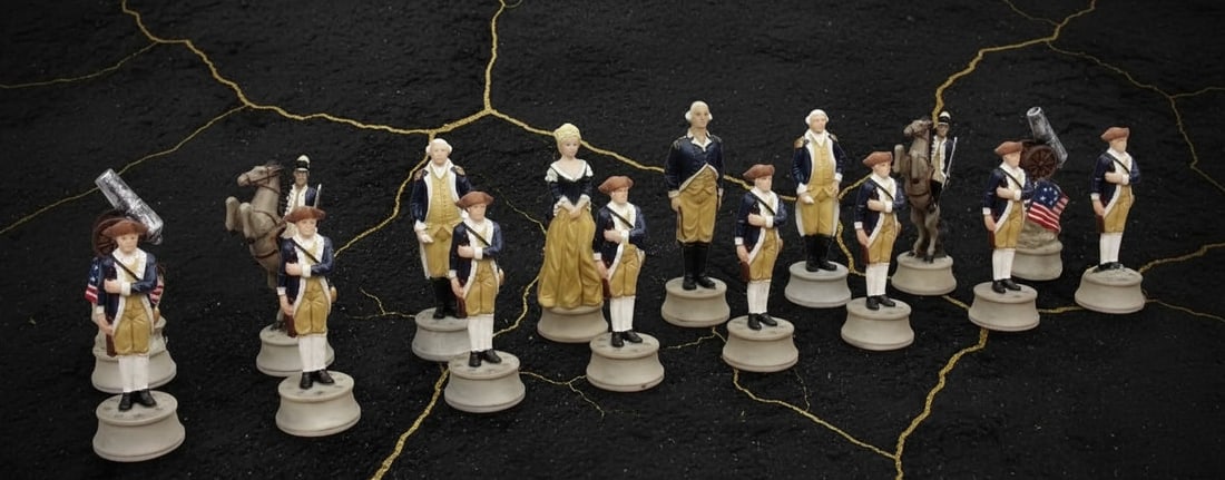 Revolutionary War Themed Chess Set Wooden Storage Board Cherry Finish - 5