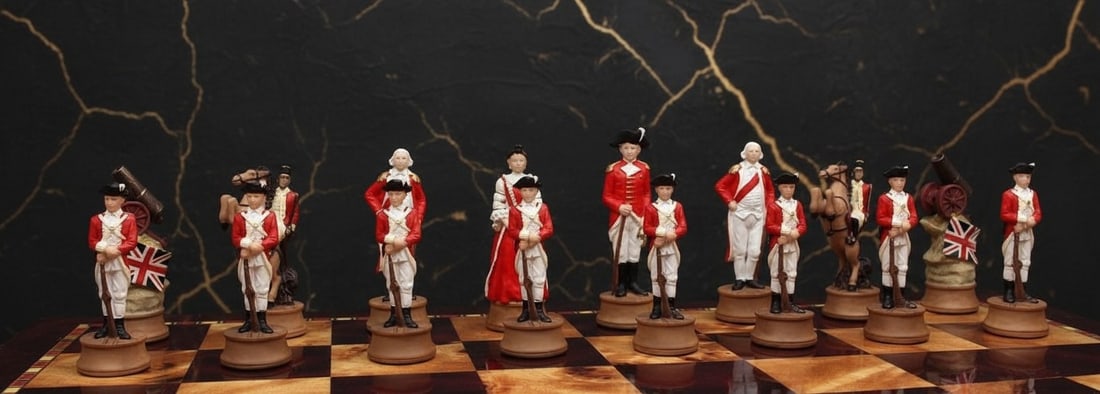 Revolutionary War Themed Chess Set Wooden Storage Board Cherry Finish - 6