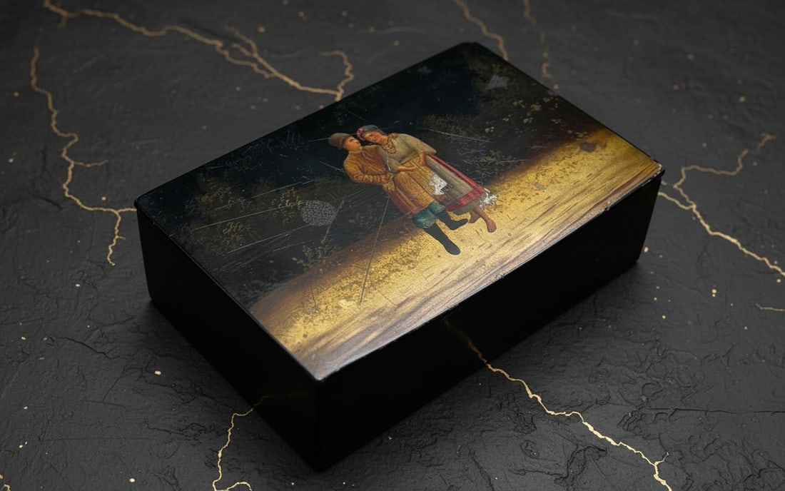 19th Century Russian Lacquer Papier Mache Trinket Box Hand Painted Hallmark (1 of 8)