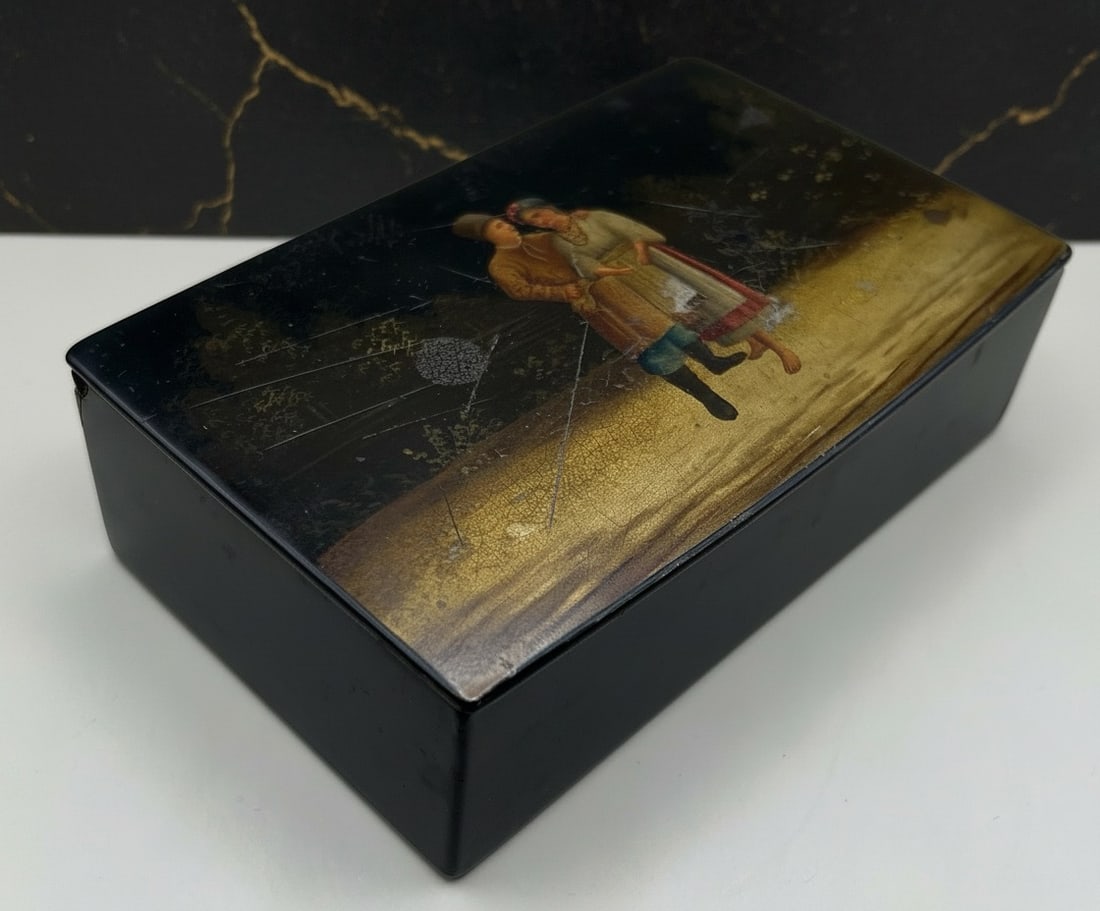 19th Century Russian Lacquer Papier Mache Trinket Box Hand Painted Hallmark - 2