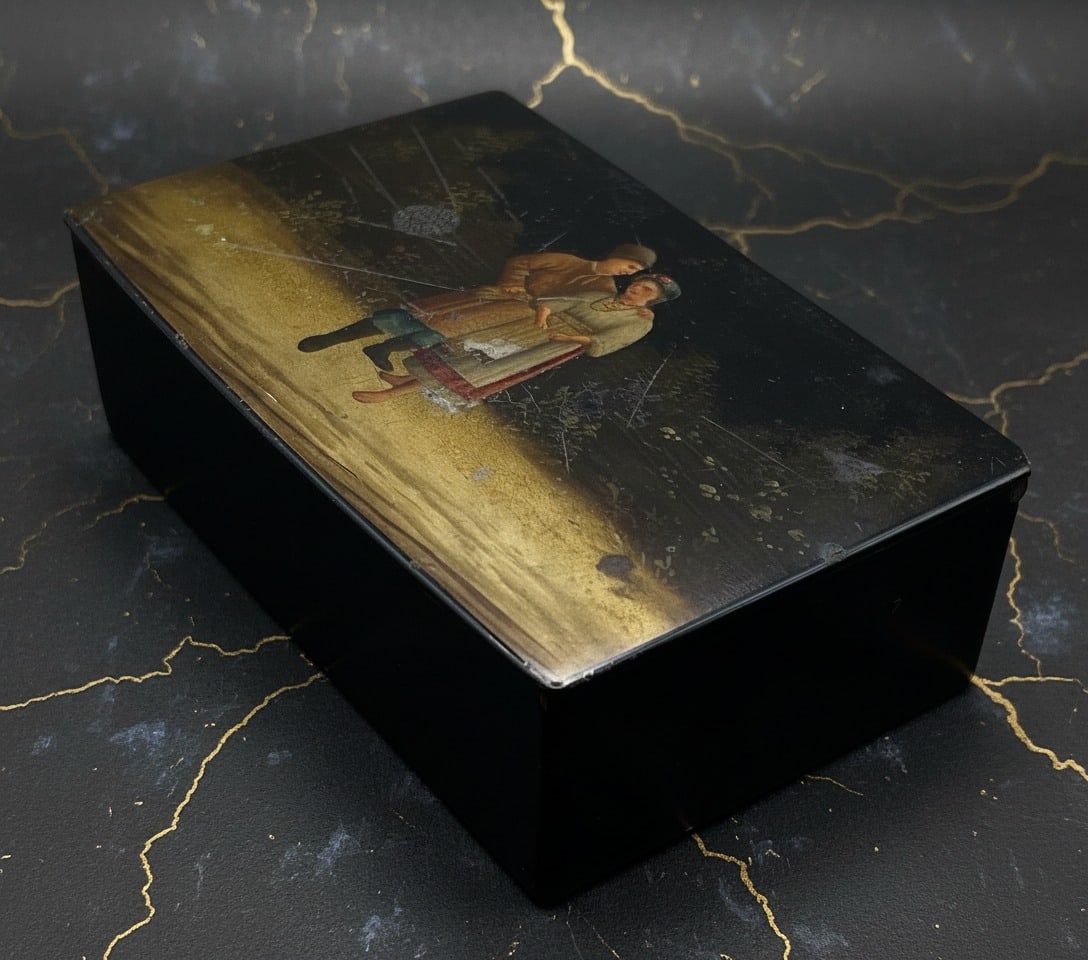 19th Century Russian Lacquer Papier Mache Trinket Box Hand Painted Hallmark - 3