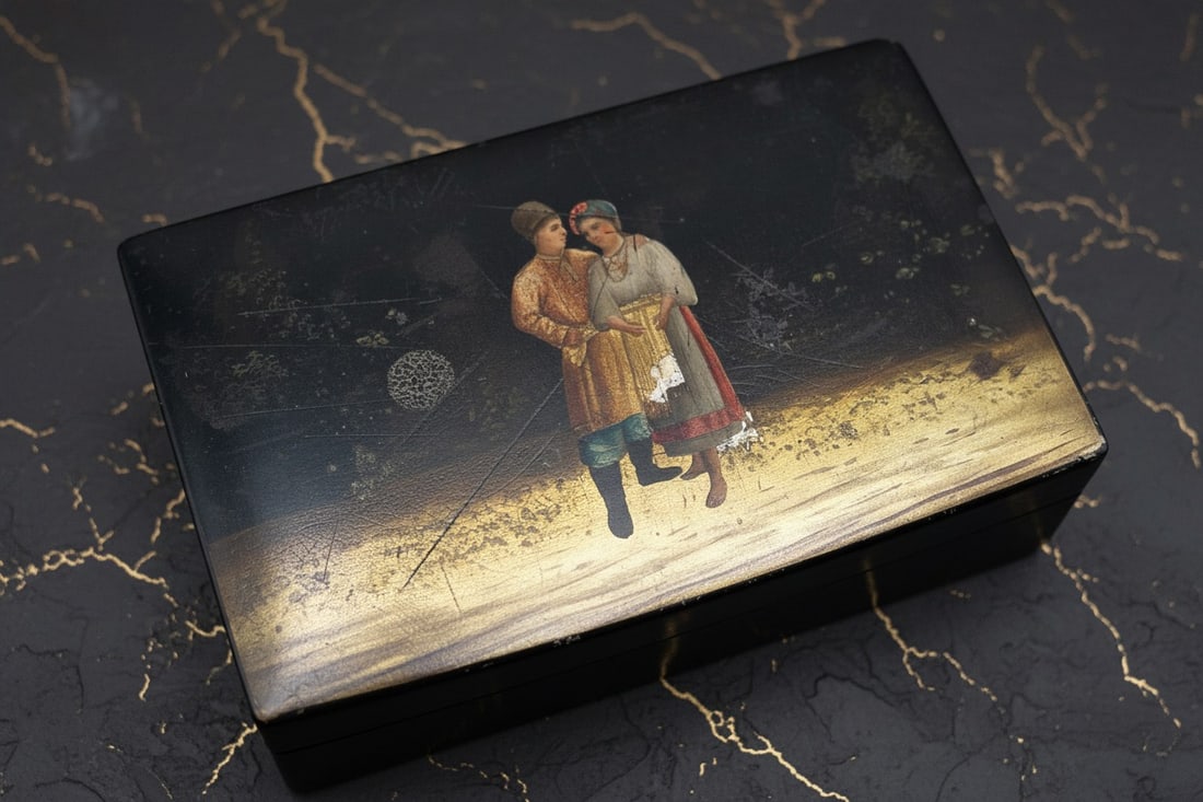 19th Century Russian Lacquer Papier Mache Trinket Box Hand Painted Hallmark - 5