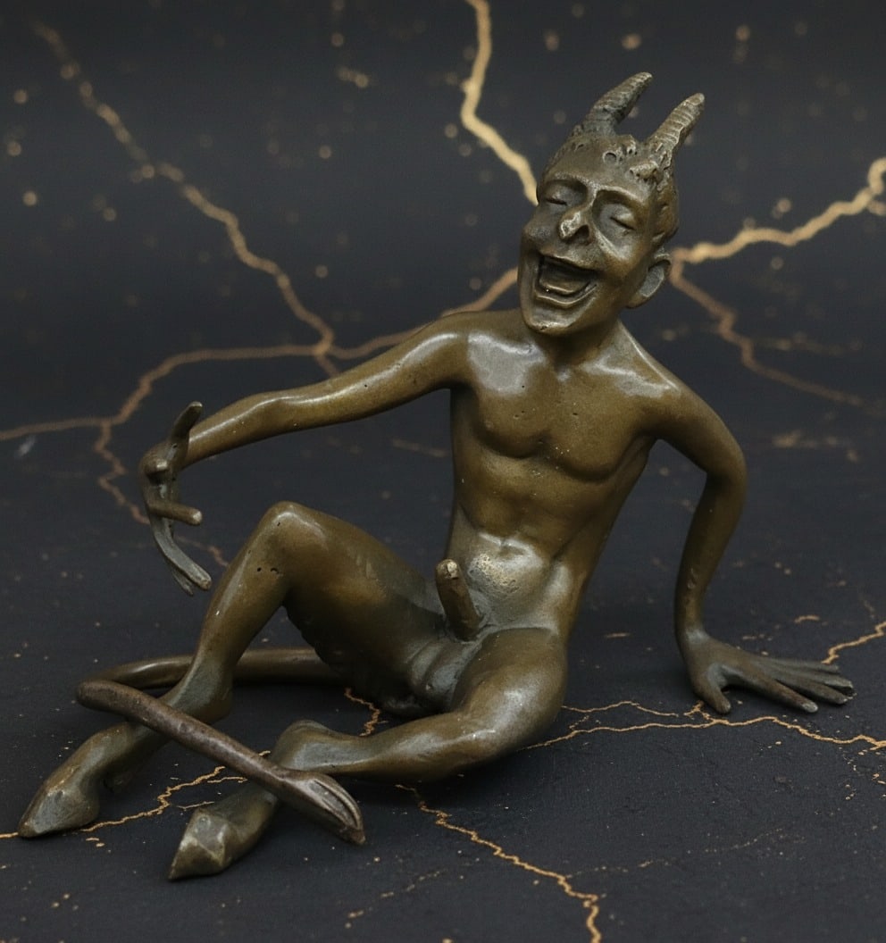 Male Satyr Bronze Sculpture Nude Figurine Art Nouveau Style Hot Cast Statue: Title:Male Satyr Bronze Sculpture Nude Figurine Art Nouveau Style Hot Cast Statue Description:This handmade bronze sculpture depicts a mythological scene featuring a satyr in pursuit of a nymph. The