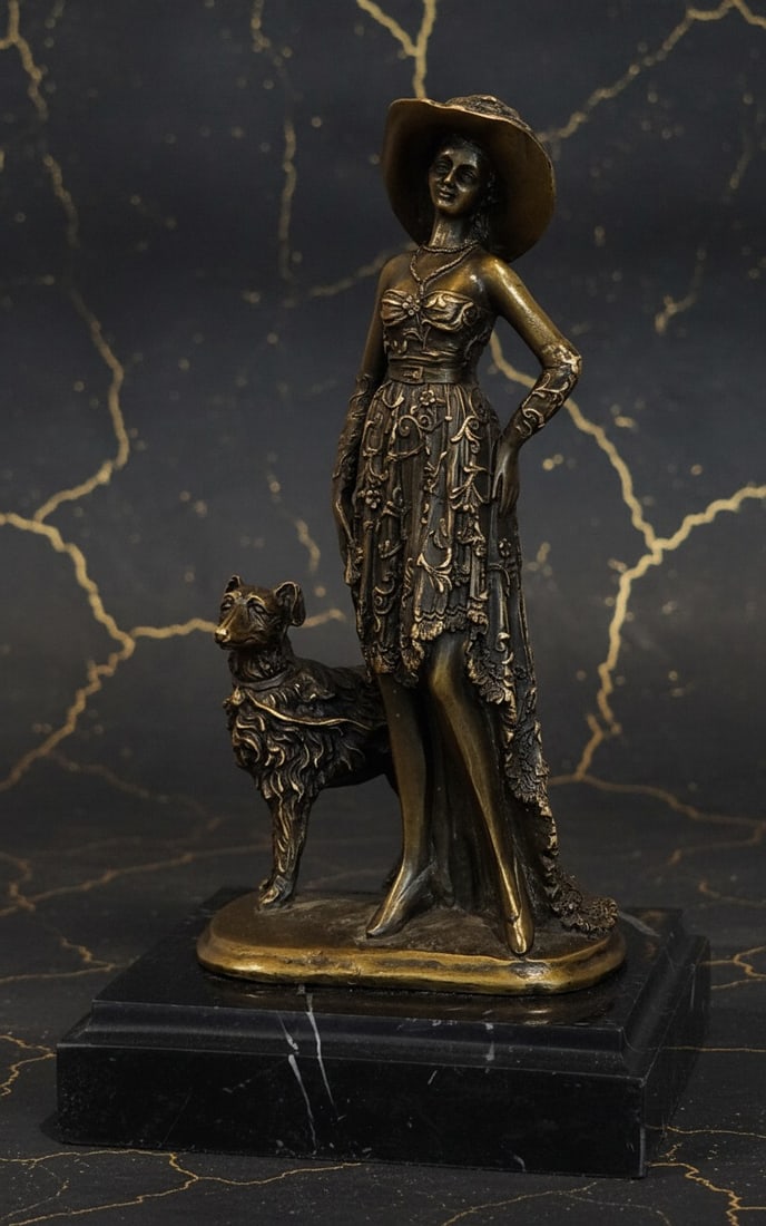 Art Deco Walking Woman with Dog Bronze Statue Figurine Collectible Sculpture - 2