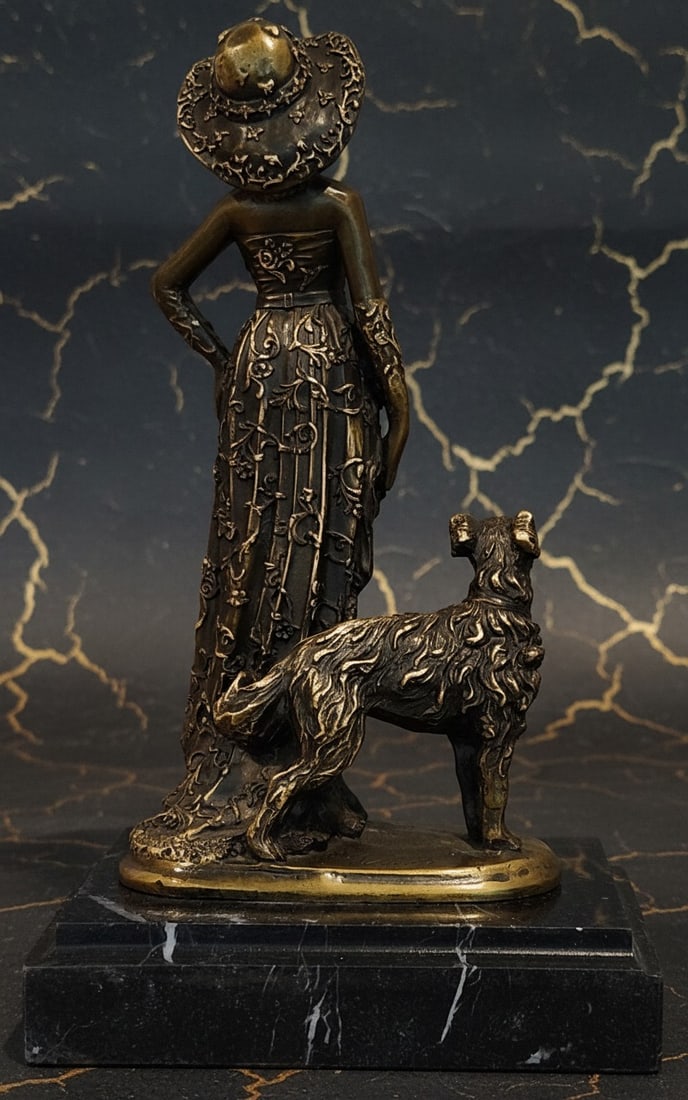 Art Deco Walking Woman with Dog Bronze Statue Figurine Collectible Sculpture - 3