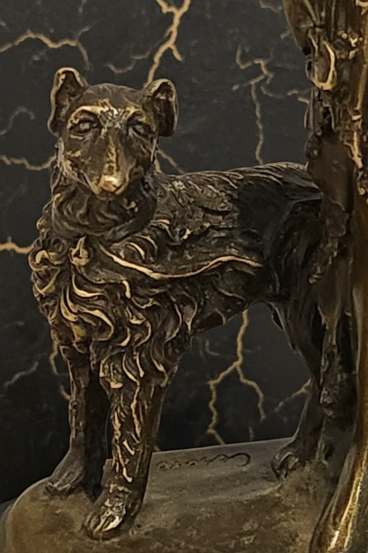 Art Deco Walking Woman with Dog Bronze Statue Figurine Collectible Sculpture - 5