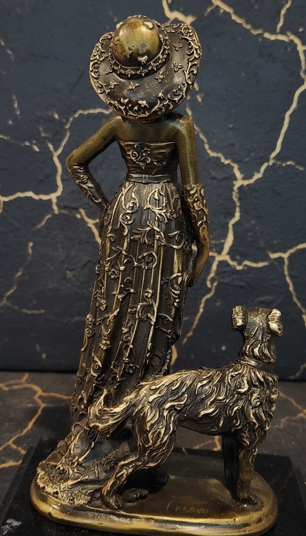 Art Deco Walking Woman with Dog Bronze Statue Figurine Collectible Sculpture - 7