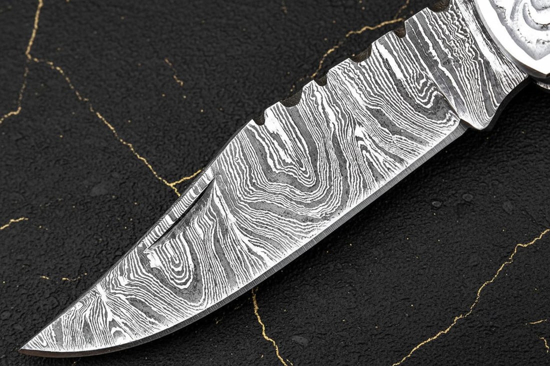 Hand Forged Damascus Steel Pocket Knife 7" Folding Lockback with Wood Handle Sheath - 10