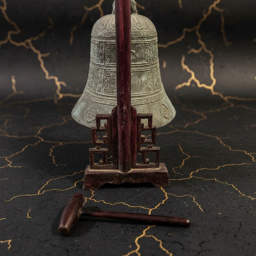 Vintage Chinese Style Green Bronze Bell Museum Replica Circa 1900 - 2