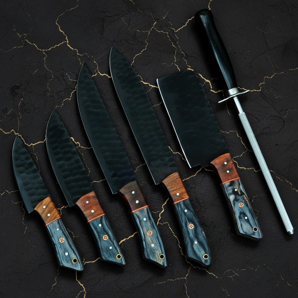 6 Pc Chef Knife Set Black Stainless Steel Blades with Protective Sheaths (1 of 5)