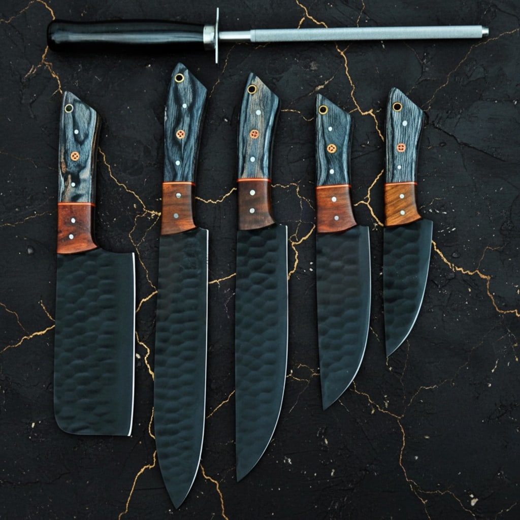6 Pc Chef Knife Set Black Stainless Steel Blades with Protective Sheaths - 2