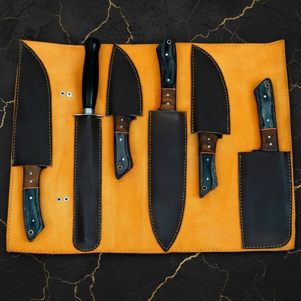 6 Pc Chef Knife Set Black Stainless Steel Blades with Protective Sheaths - 4