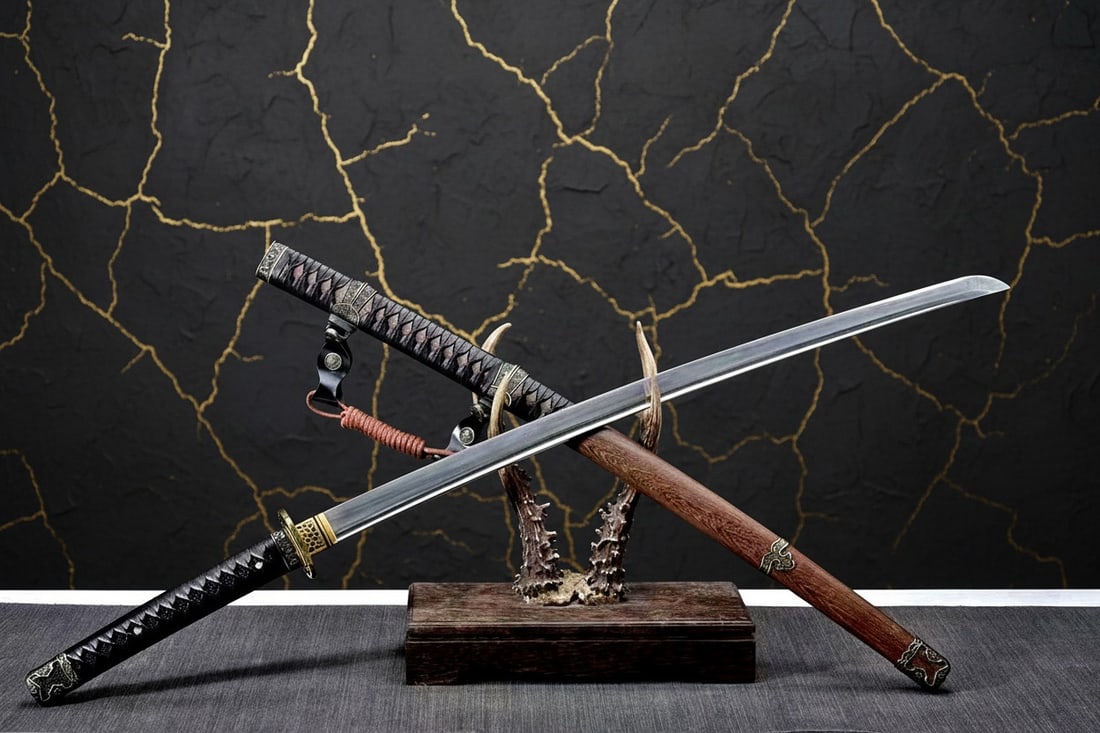 Hand Forged Damascus Folded Steel Japanese Samurai Tachi Sword Rosewood Handle - 9