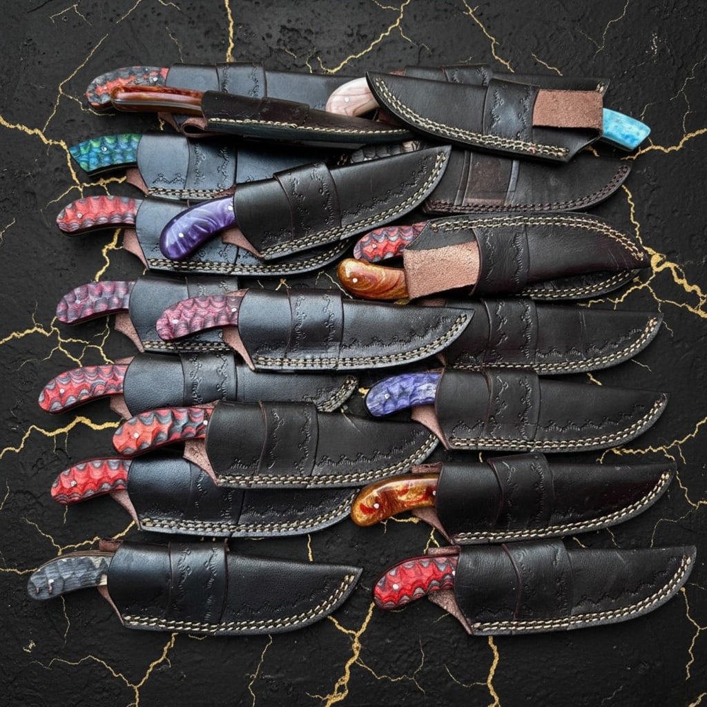 20 Damascus Steel Hunting Knife Set Handmade Fixed Blade With Leather Sheaths - 8