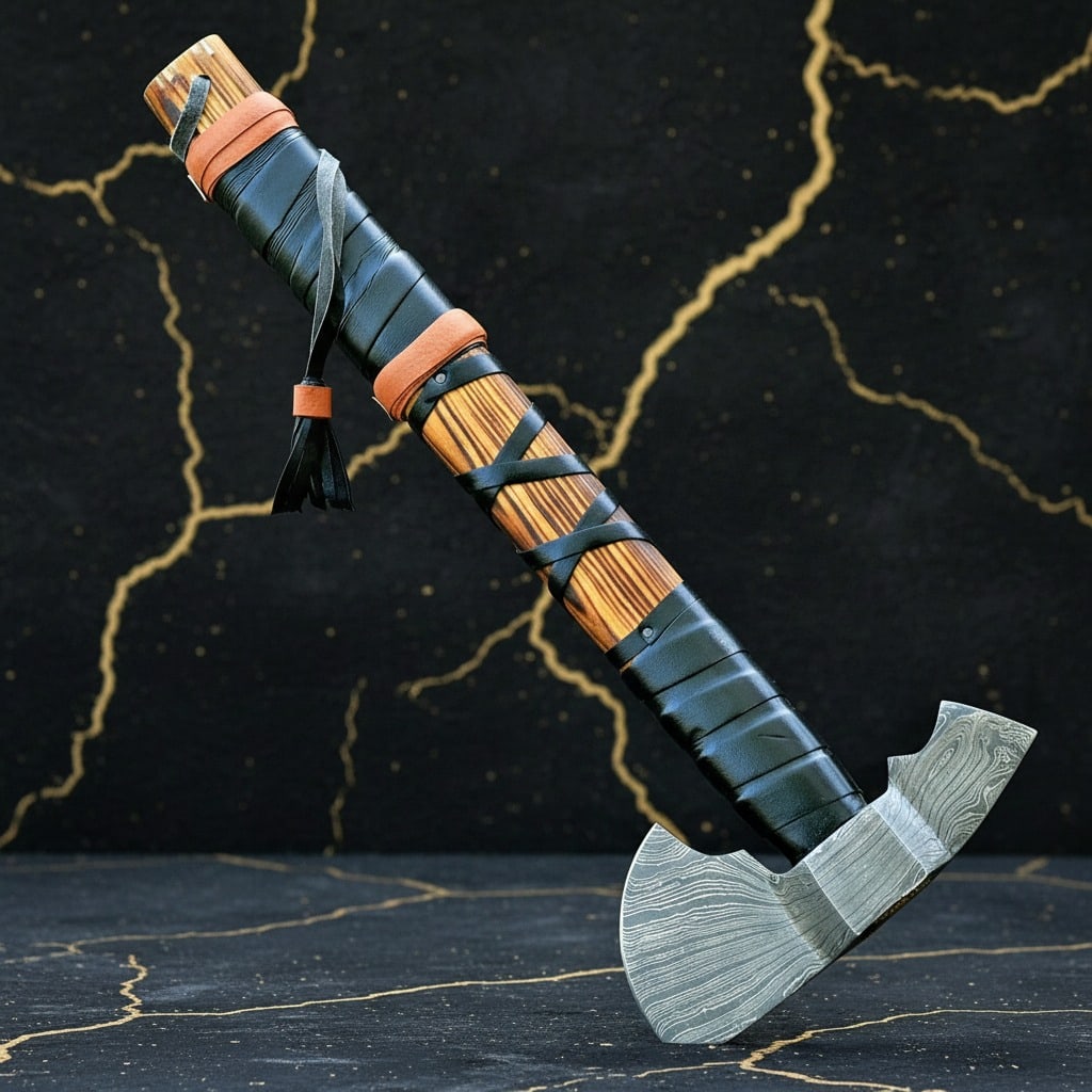 Forged Damascus Steel Viking Bearded Axe Hatchet with Leather Grip: Title:Forged Damascus Steel Viking Bearded Axe Hatchet with Leather Grip Description:This handcrafted Damascus steel Viking bearded axe combines Norse heritage with modern craftsmanship, featuring a t