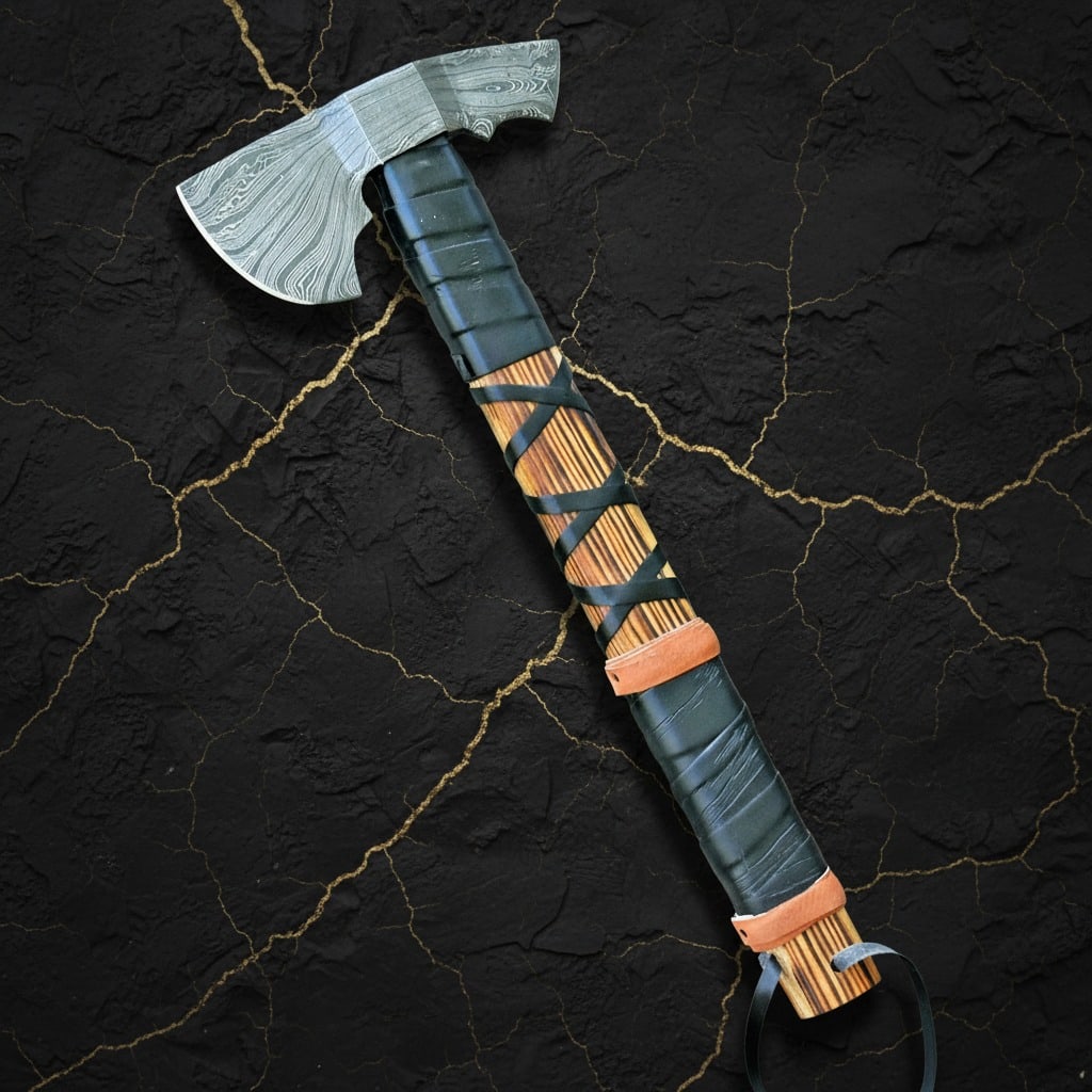 Forged Damascus Steel Viking Bearded Axe Hatchet with Leather Grip - 3