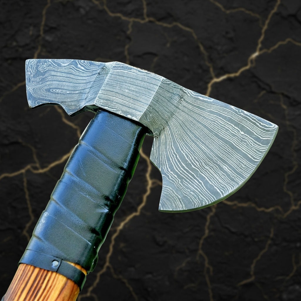 Forged Damascus Steel Viking Bearded Axe Hatchet with Leather Grip - 4