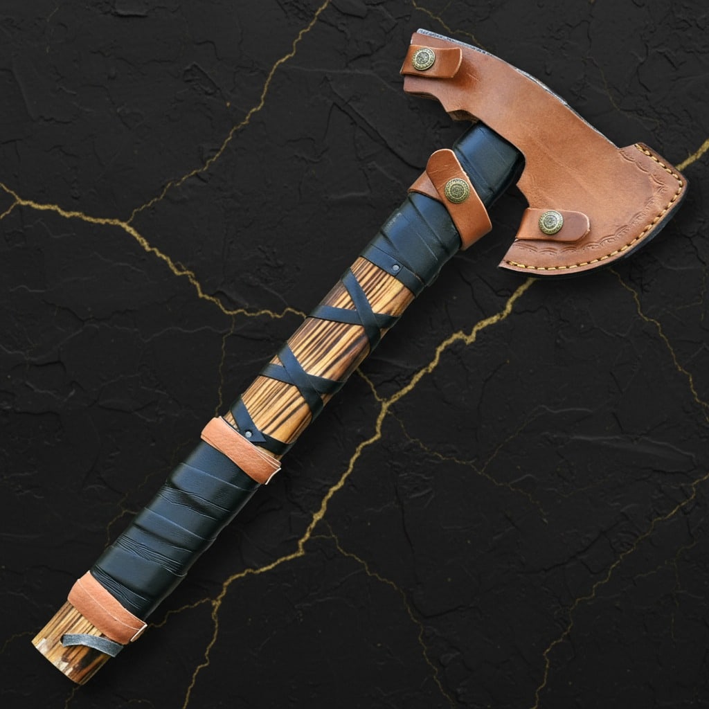 Forged Damascus Steel Viking Bearded Axe Hatchet with Leather Grip - 5