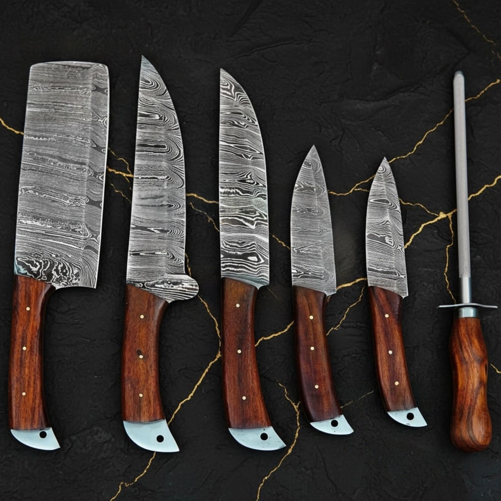 6pc Damascus Steel Chef Knife Set Handmade Kitchen Cutlery With Sheaths - 2
