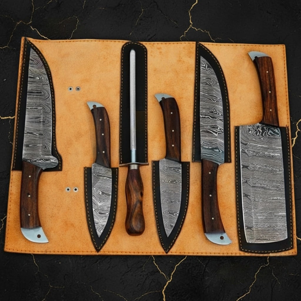 6pc Damascus Steel Chef Knife Set Handmade Kitchen Cutlery With Sheaths - 4