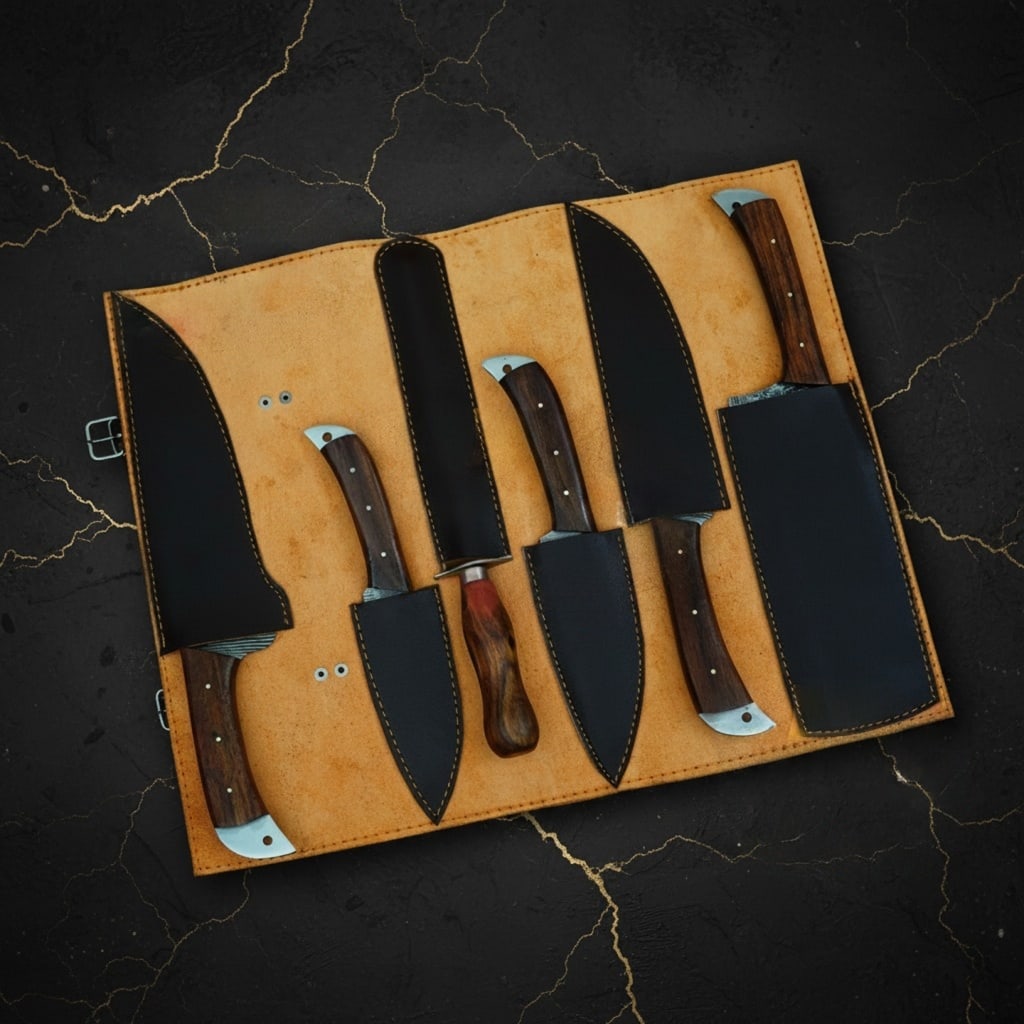 6pc Damascus Steel Chef Knife Set Handmade Kitchen Cutlery With Sheaths - 5